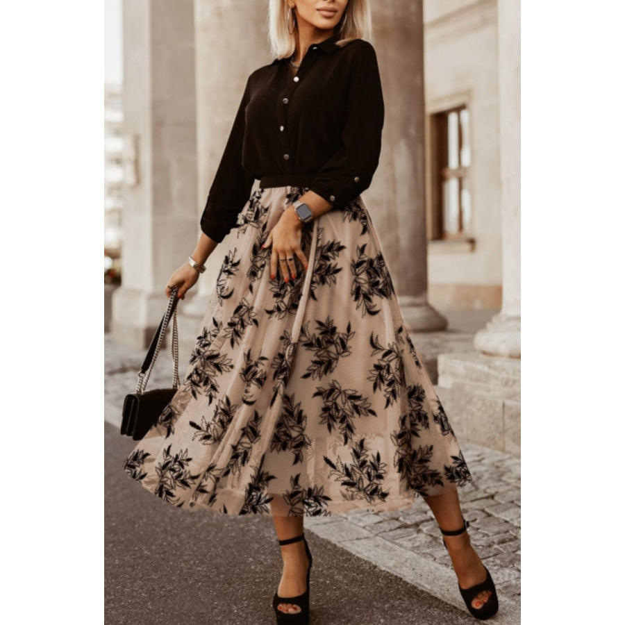 Leaf Elastic Waist Midi Skirt Apparel and Accessories