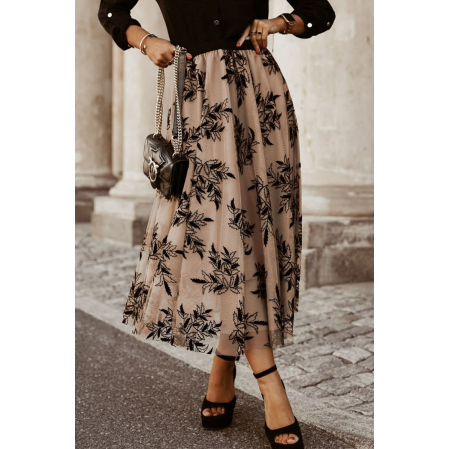 Leaf Elastic Waist Midi Skirt Dust Storm / S Apparel and Accessories