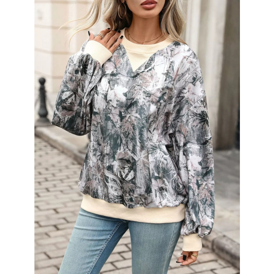 Leaf Print Sweatshirt with Contrasting Trim Apparel and Accessories