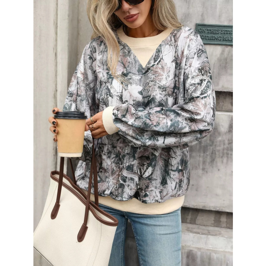 Leaf Print Sweatshirt with Contrasting Trim Apparel and Accessories