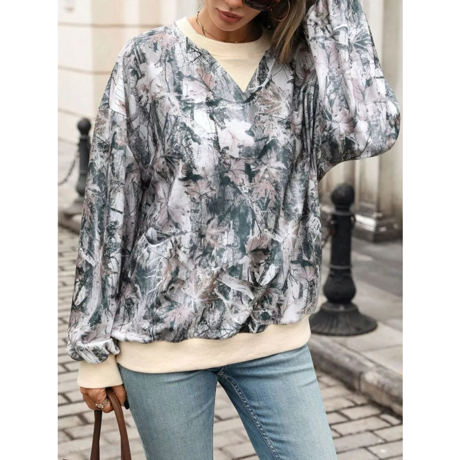 Leaf Print Sweatshirt with Contrasting Trim Apparel and Accessories
