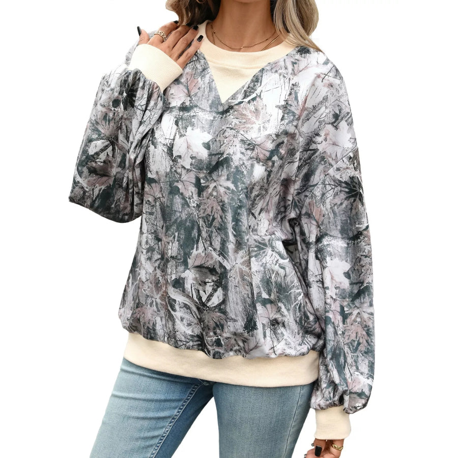 Leaf Print Sweatshirt with Contrasting Trim Camouflage / S Apparel and Accessories