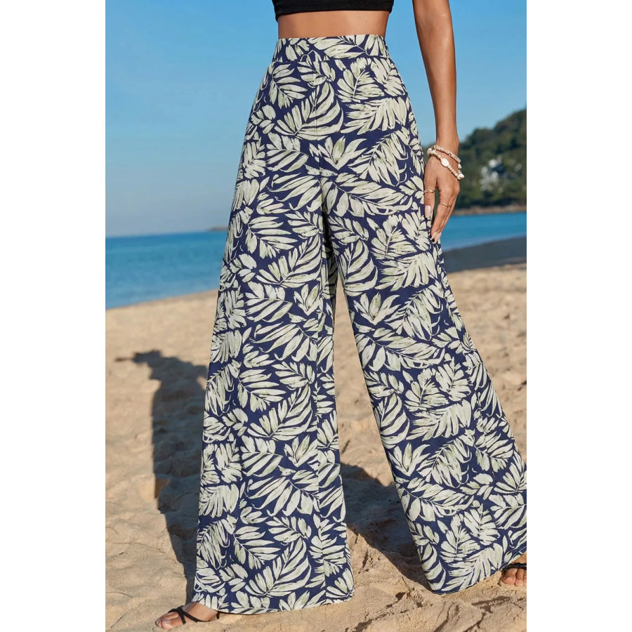 Leaf Print Wide Leg Pants Apparel and Accessories