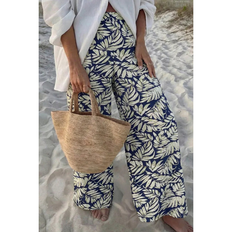 Leaf Print Wide Leg Pants Floral / S Apparel and Accessories