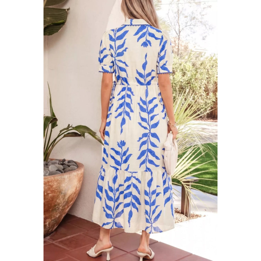 Leafy Botanical Print Side Tie Button Down Maxi Dress Light Blue / S Apparel and Accessories