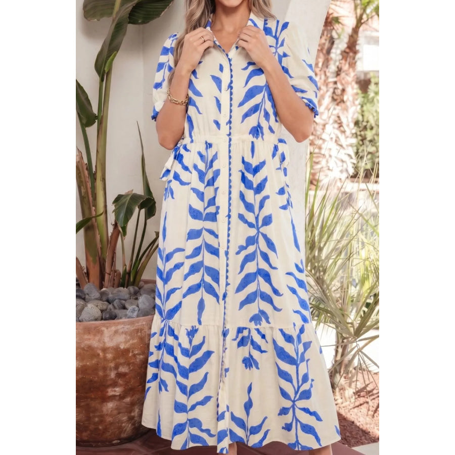 Leafy Botanical Print Side Tie Button Down Maxi Dress Apparel and Accessories
