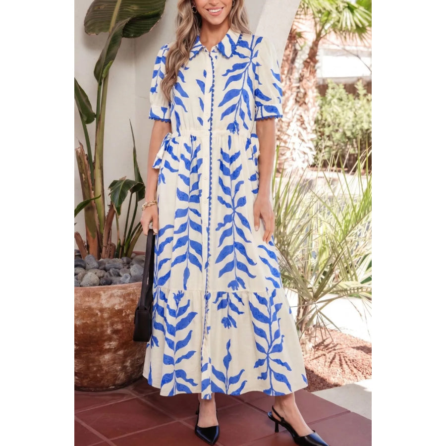 Leafy Botanical Print Side Tie Button Down Maxi Dress Apparel and Accessories