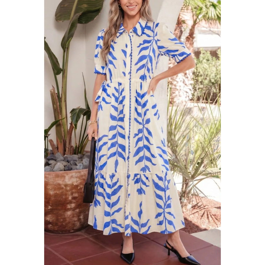 Leafy Botanical Print Side Tie Button Down Maxi Dress Light Blue / S Apparel and Accessories
