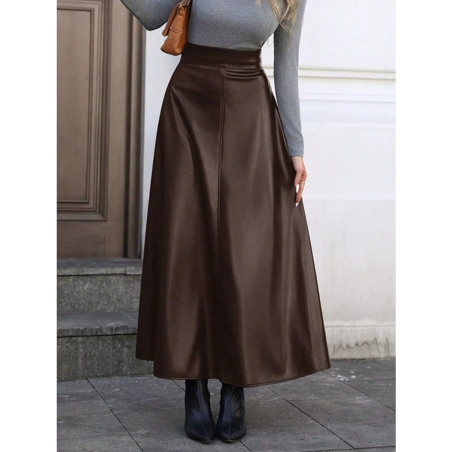 Leather A-Line Midi Skirt Brown / S Apparel and Accessories