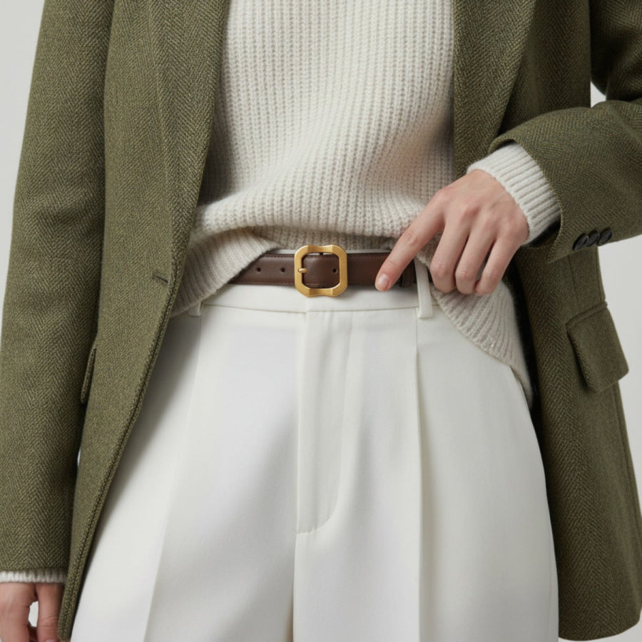 Leather Belt with Golden Buckle Coffee Brown / One Size Apparel and Accessories