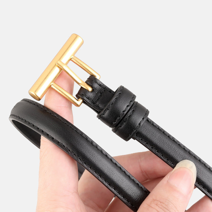 Leather Belt with Golden T-Buckle Black / One Size Apparel and Accessories