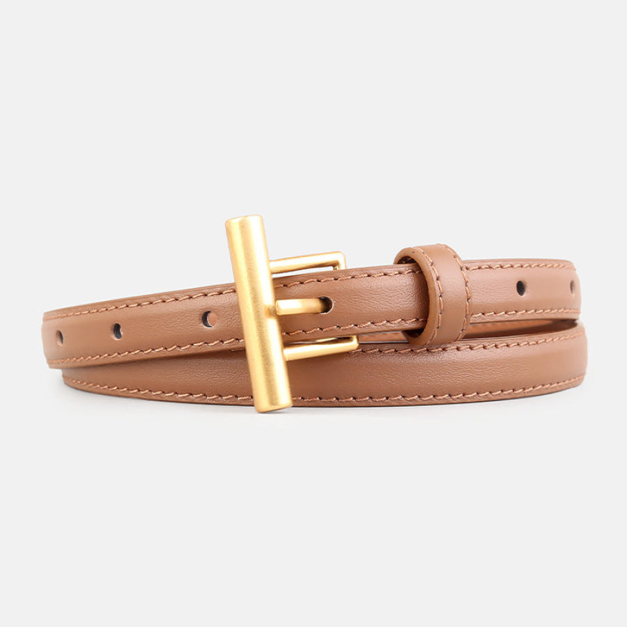 Leather Belt with Golden T-Buckle Brown / One Size Apparel and Accessories