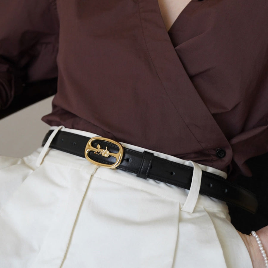 Leather Belt with Horse Carriage Buckle Black / One Size Apparel and Accessories