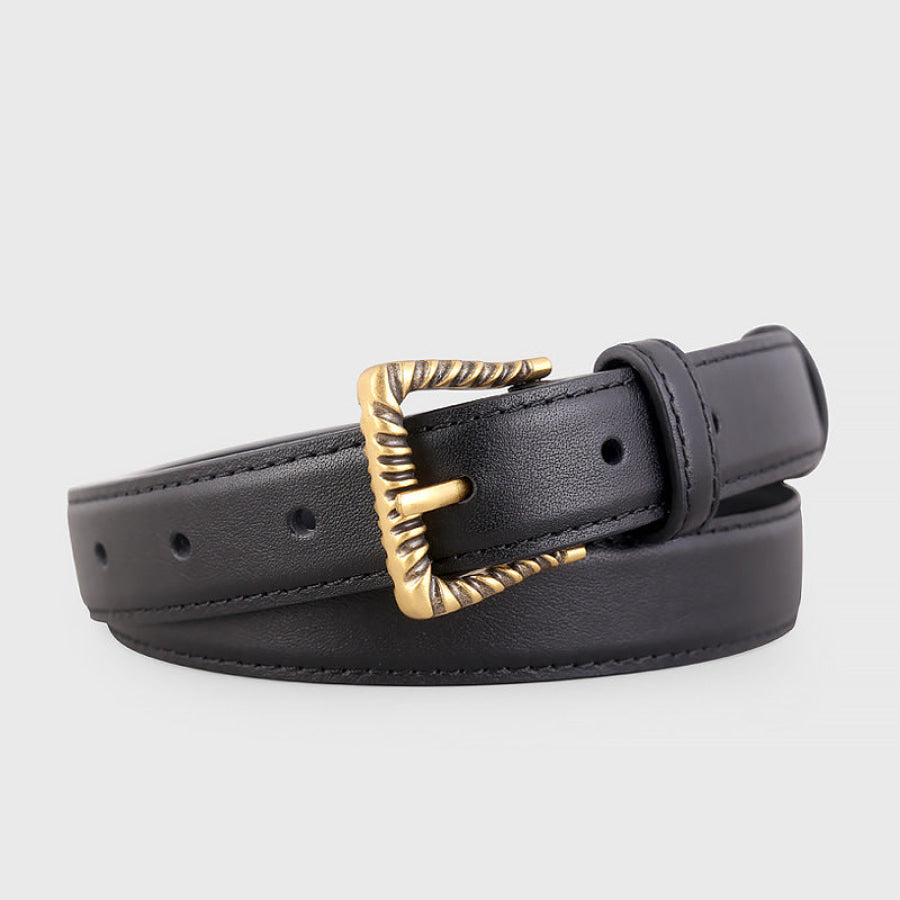 Leather Belt with Textured Gold Buckle Black / One Size Apparel and Accessories