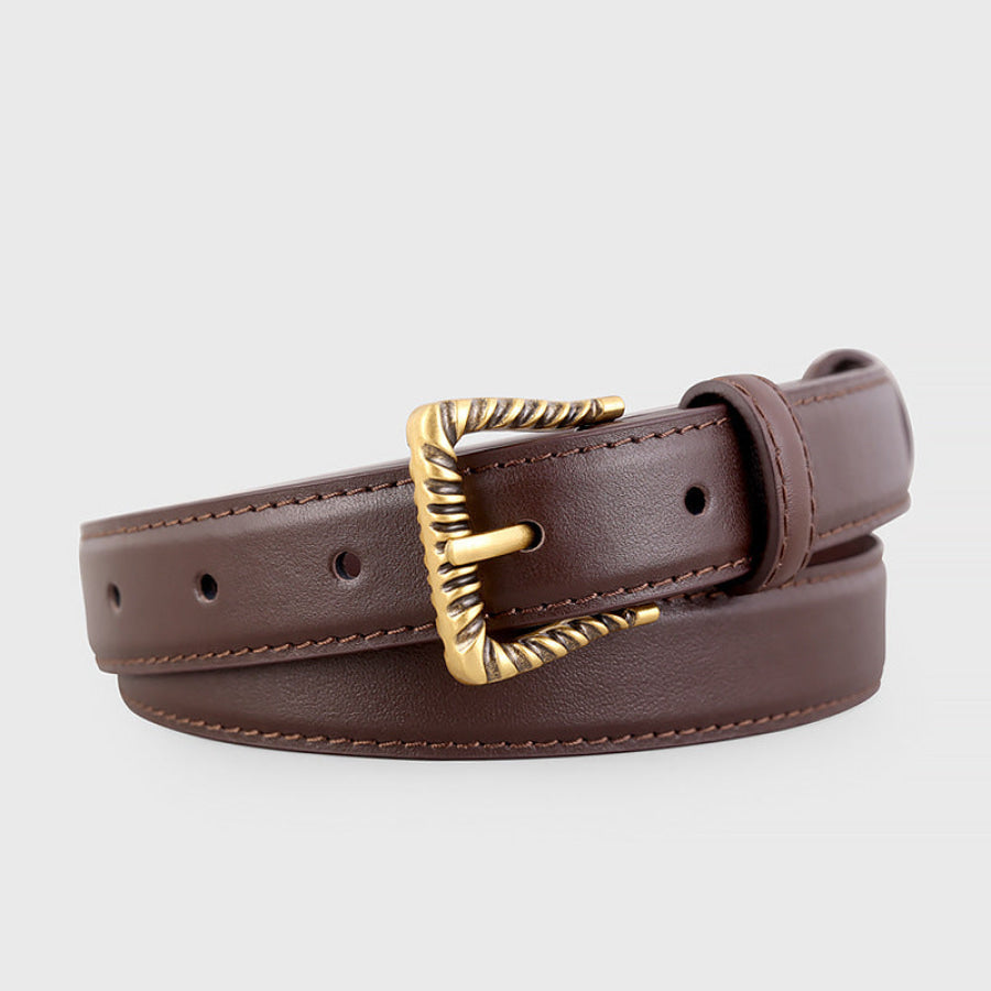 Leather Belt with Textured Gold Buckle Coffee Brown / One Size Apparel and Accessories