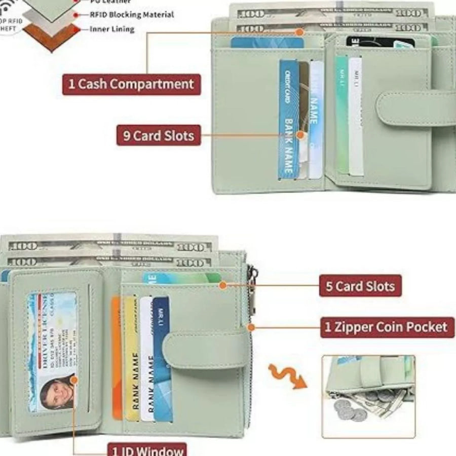 Leather Bifold Wallet with Zipper Light Green / ONESIZE Apparel and Accessories