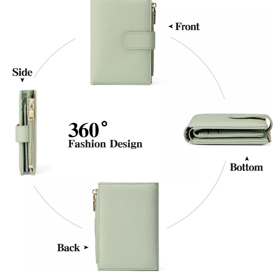 Leather Bifold Wallet with Zipper Light Green / ONESIZE Apparel and Accessories