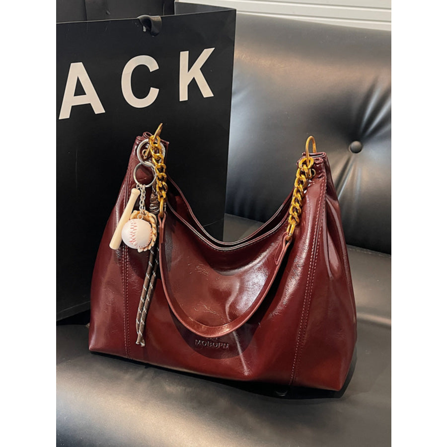 Leather Chain Shoulder Bag Burgundy / One Size Apparel and Accessories