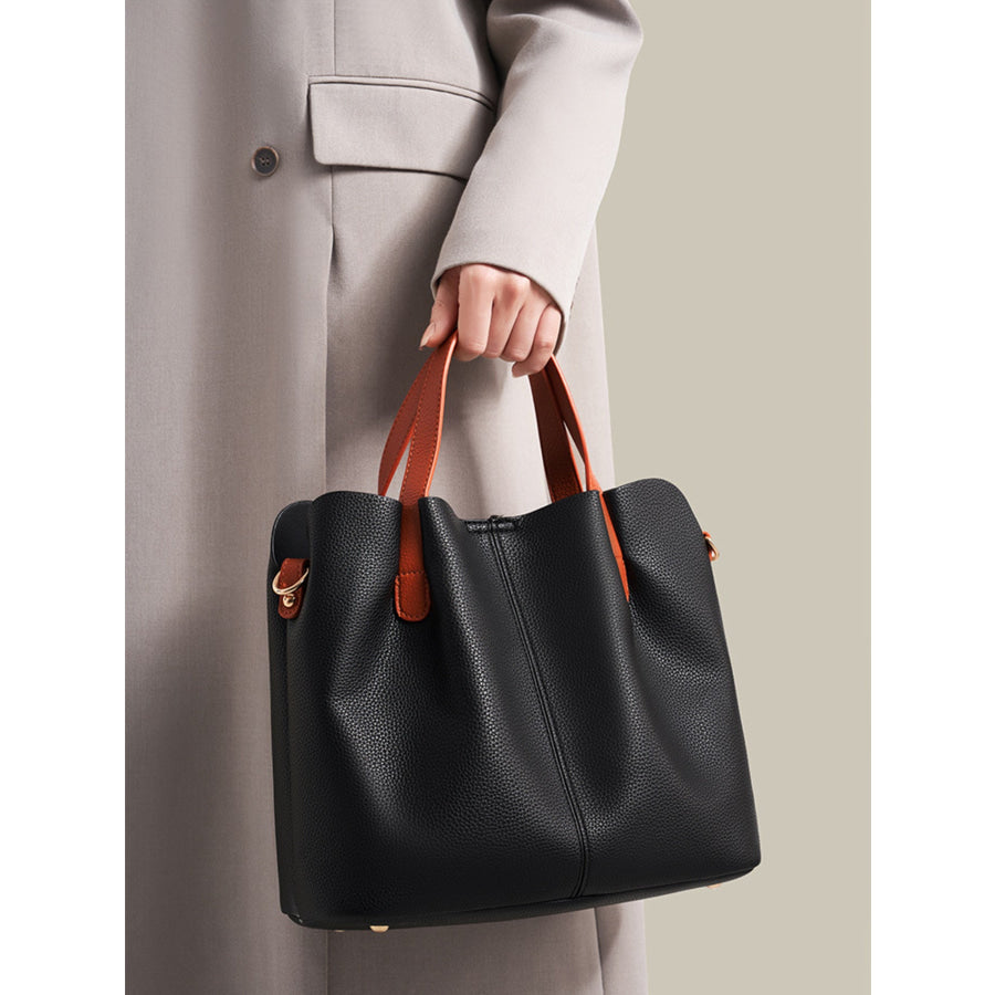 Leather Contrast Handle Handbag Black / ONESIZE Apparel and Accessories