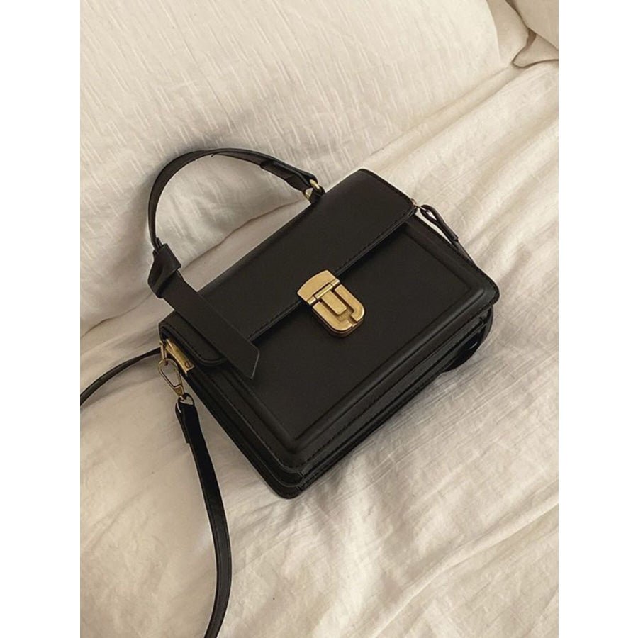 Leather Crossbody Bag with Golden Clasp Black / One Size Apparel and Accessories