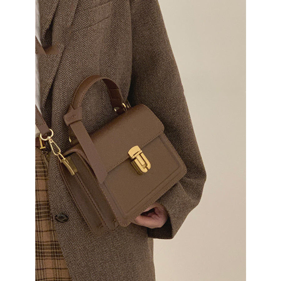 Leather Crossbody Bag with Golden Clasp Coffee / One Size Apparel and Accessories