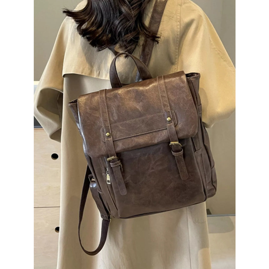 Leather Flap Backpack Bag Brown / One Size Apparel and Accessories