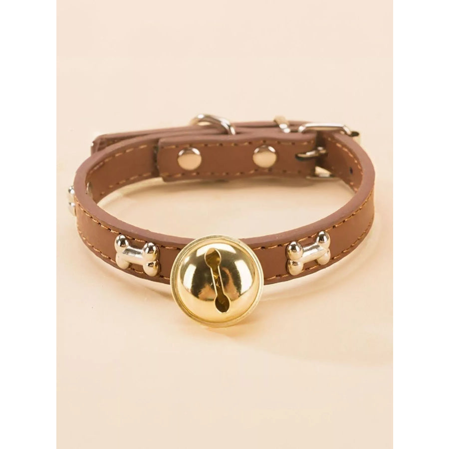 Leather Pet Collar with Bell Brown / S Apparel and Accessories