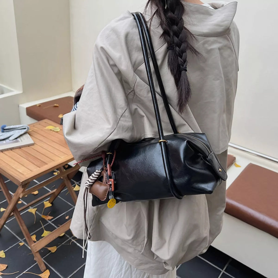Leather Shoulder Bag with Charm Black / One Size Apparel and Accessories