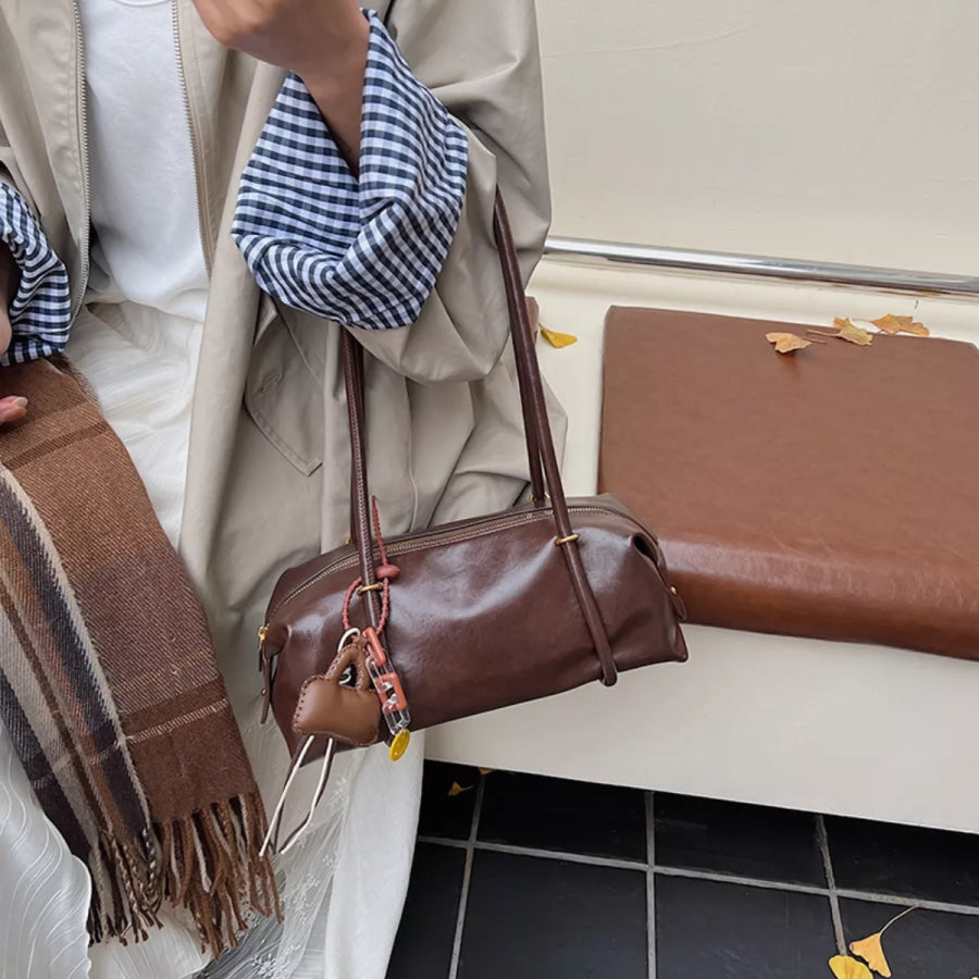 Leather Shoulder Bag with Charm Brown / One Size Apparel and Accessories