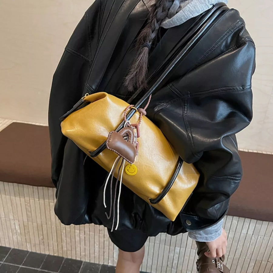 Leather Shoulder Bag with Charm Yellow / One Size Apparel and Accessories