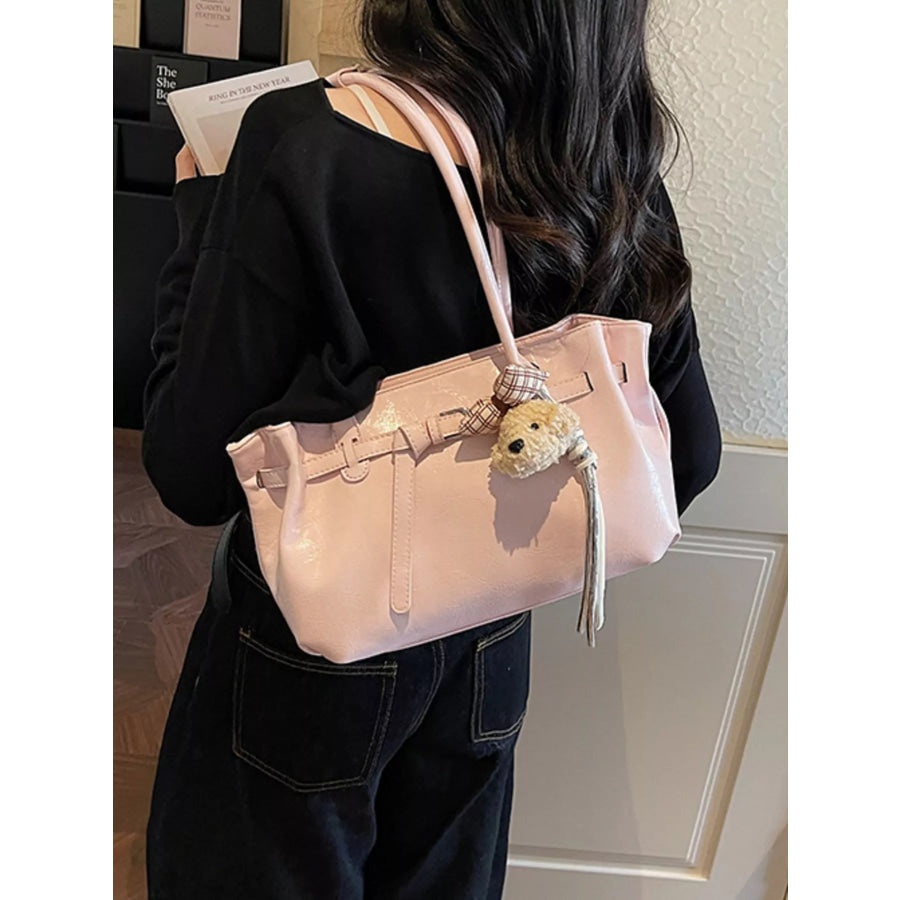Leather Shoulder Bag with Dog Charm Blush Pink / One Size Apparel and Accessories