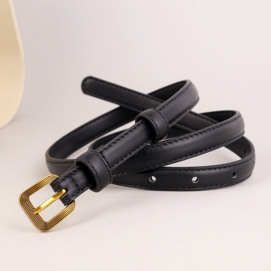 Leather Skinny Belt with Buckle Black / One Size Apparel and Accessories