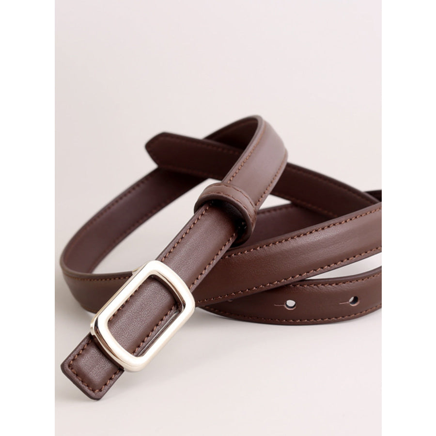 Leather Skinny Belt with Buckle Brown / One Size Apparel and Accessories
