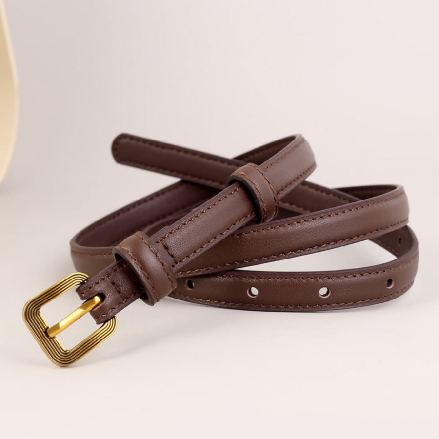 Leather Skinny Belt with Buckle Brown / One Size Apparel and Accessories