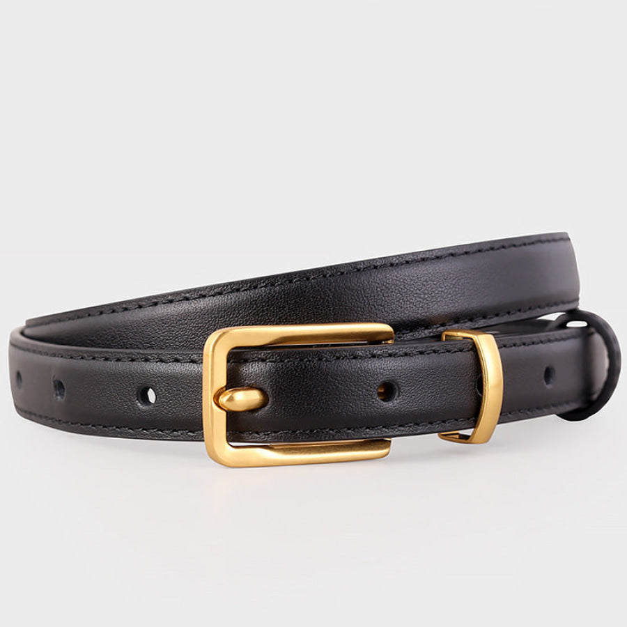 Leather Skinny Belt with Golden Buckle Black / One Size Apparel and Accessories