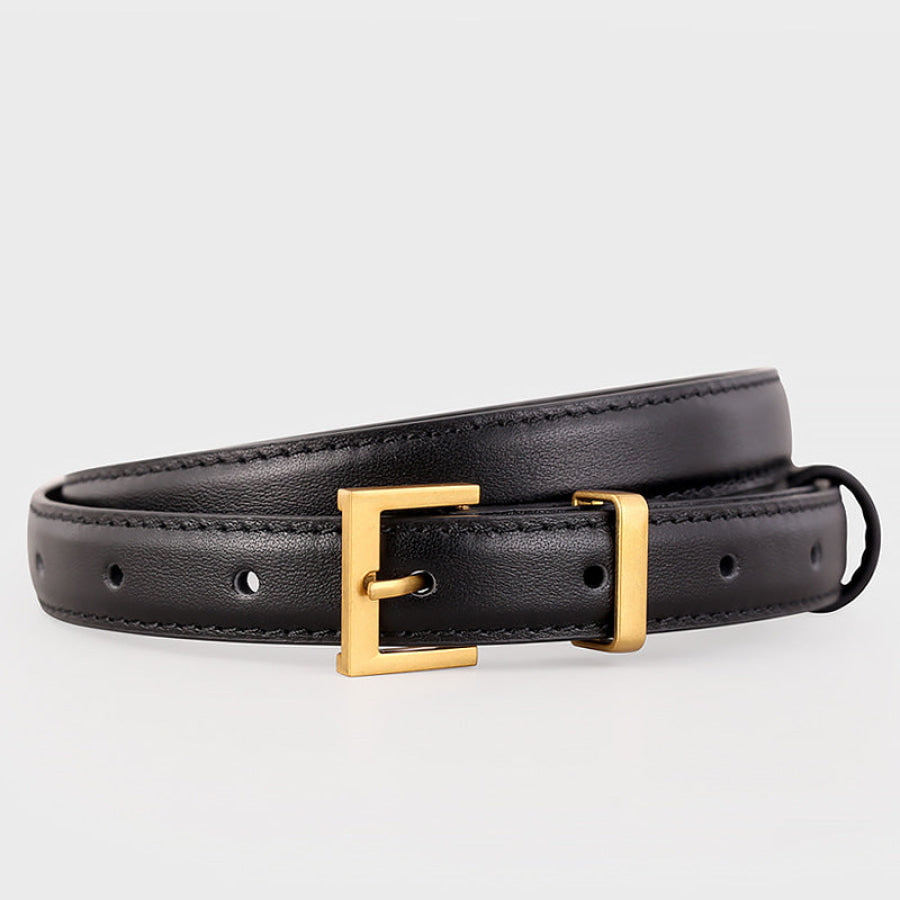 Leather Skinny Belt with Golden Buckle Black / One Size Apparel and Accessories