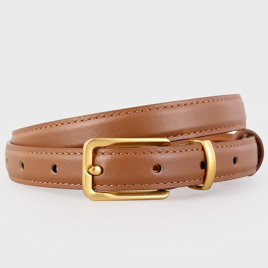 Leather Skinny Belt with Golden Buckle Brown / One Size Apparel and Accessories