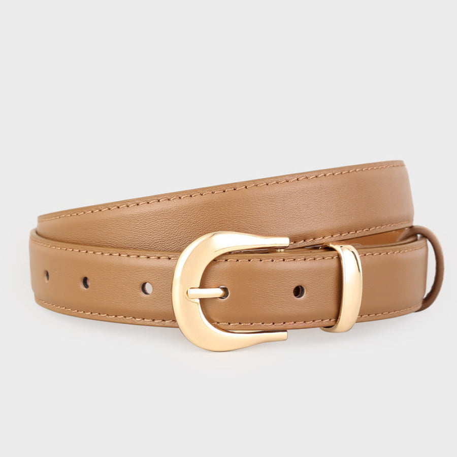 Leather Skinny Belt with Golden Buckle Brown / One Size Apparel and Accessories