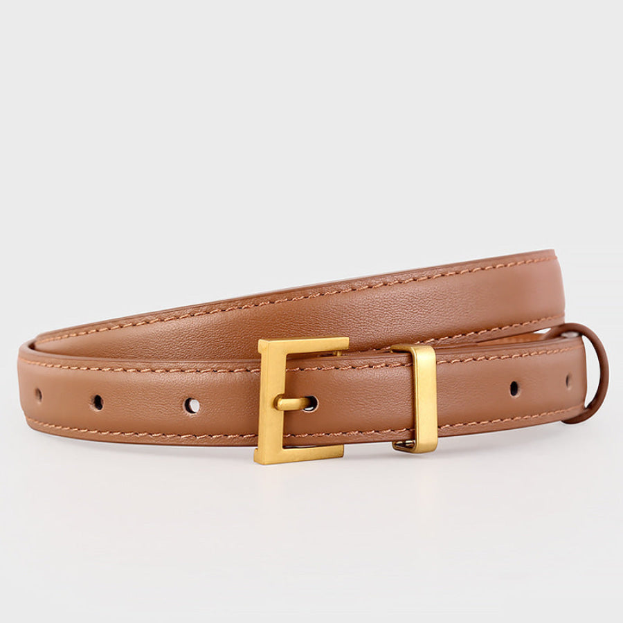 Leather Skinny Belt with Golden Buckle Brown / One Size Apparel and Accessories