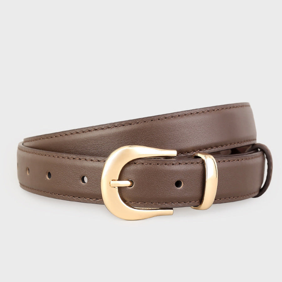 Leather Skinny Belt with Golden Buckle Coffee Brown / One Size Apparel and Accessories