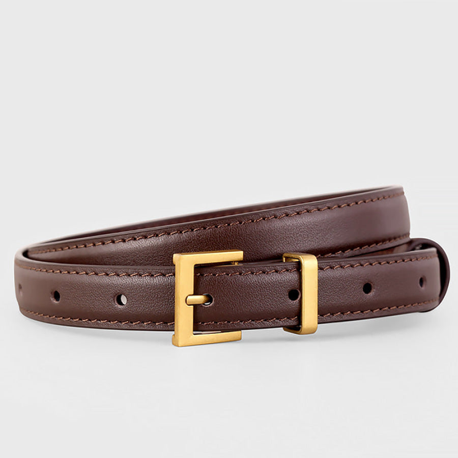 Leather Skinny Belt with Golden Buckle Coffee Brown / One Size Apparel and Accessories