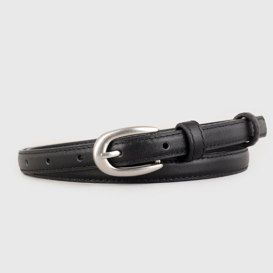 Leather Skinny Belt with Silver Buckle Black / One Size Apparel and Accessories