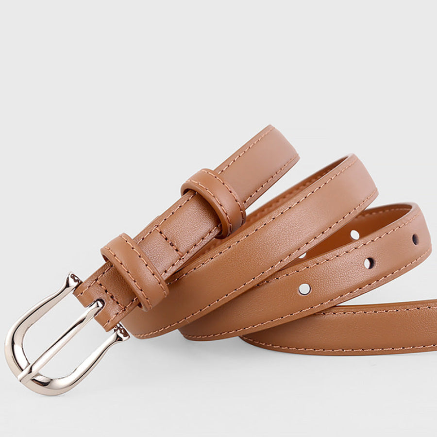 Leather Skinny Belt with Silver Buckle Brown / One Size Apparel and Accessories