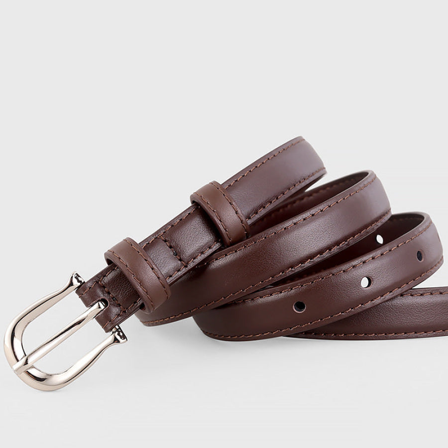 Leather Skinny Belt with Silver Buckle Coffee Brown / One Size Apparel and Accessories