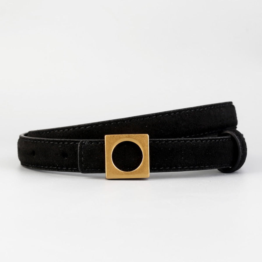 Leather Square Buckle Skinny Belt Black / One Size Apparel and Accessories