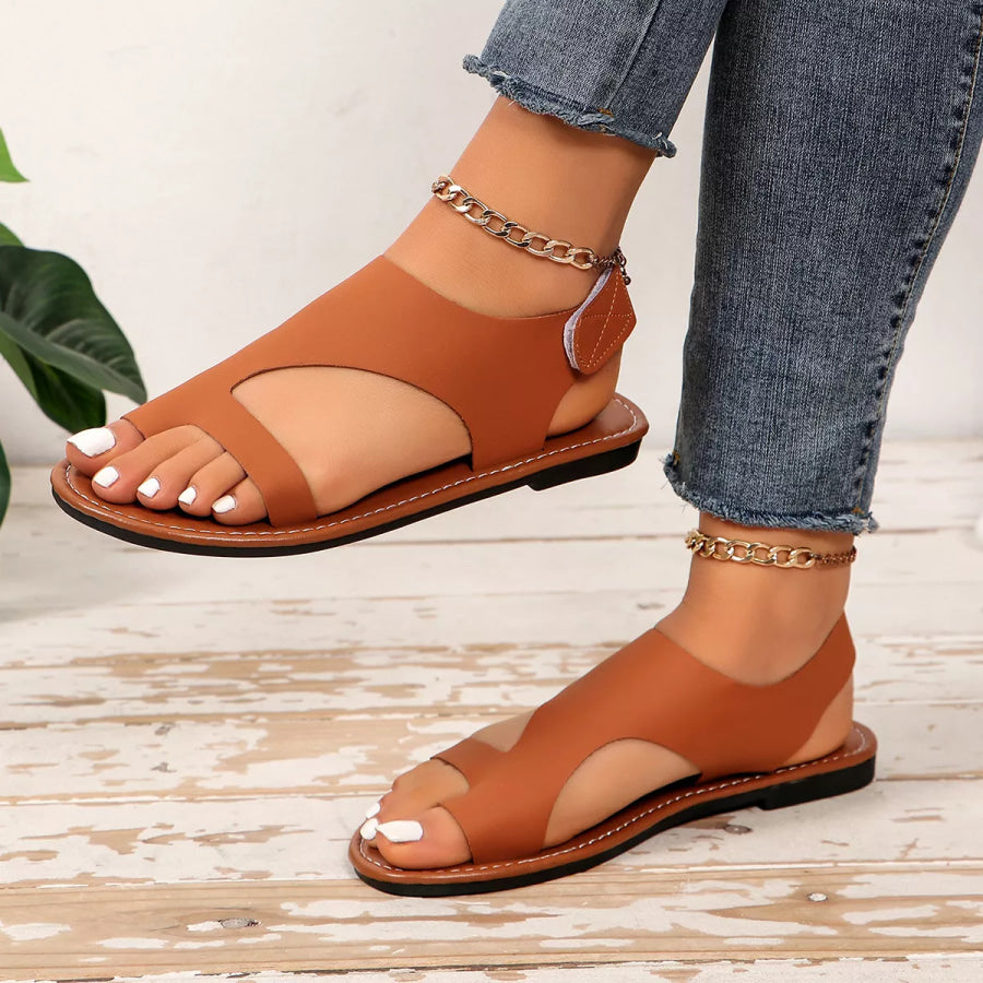 Leather Toe Loop Flats Sandals Khaki / 36 Apparel and Accessories