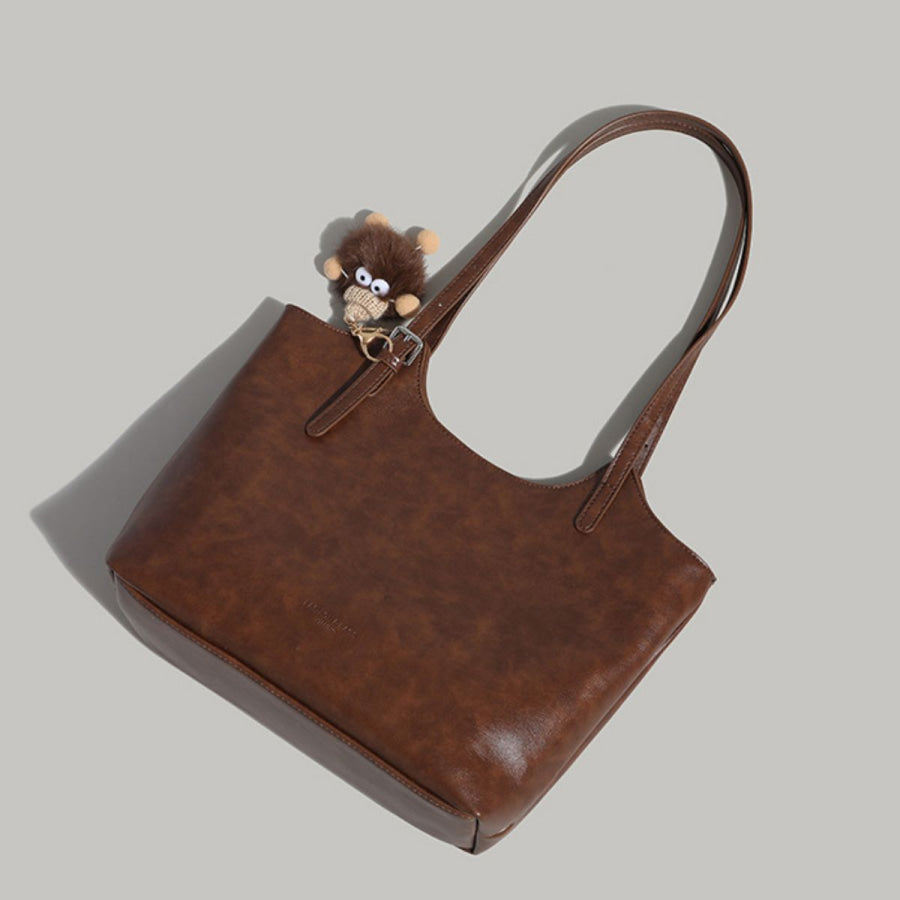 Leather Tote Bag with Charm Chocolate / ONESIZE Apparel and Accessories