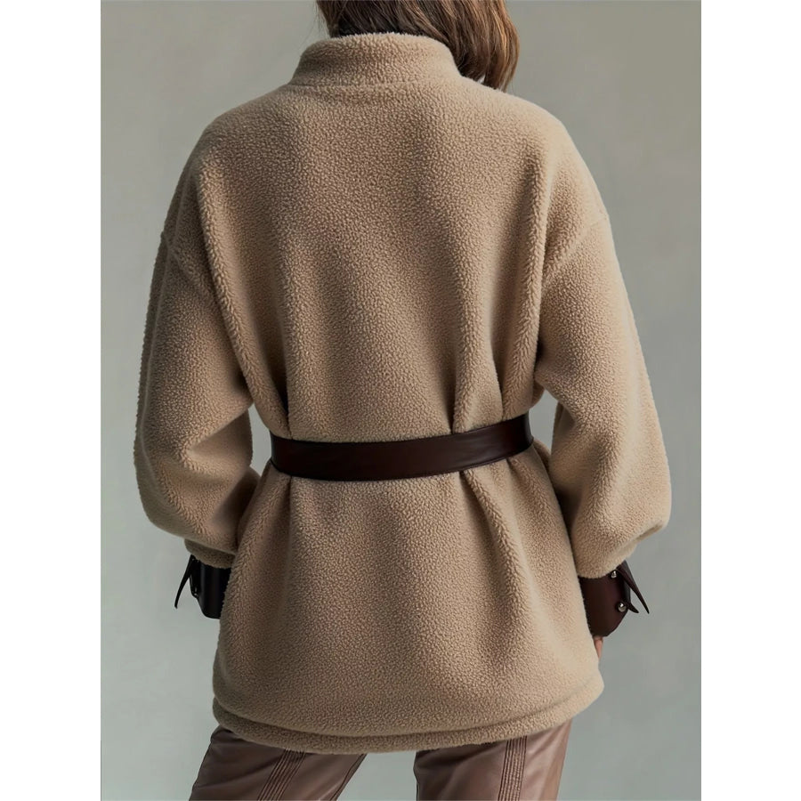 Leather Trim Sherpa Outerwear with Pockets Apparel and Accessories