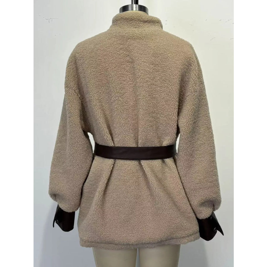 Leather Trim Sherpa Outerwear with Pockets Apparel and Accessories
