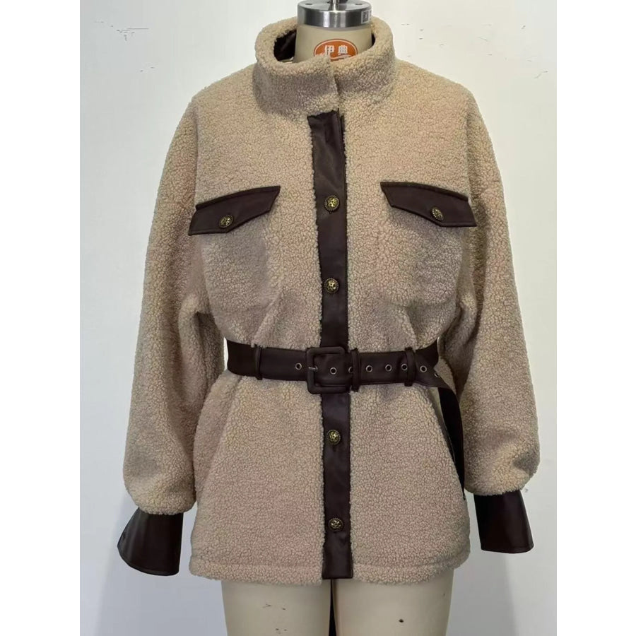 Leather Trim Sherpa Outerwear with Pockets Apparel and Accessories